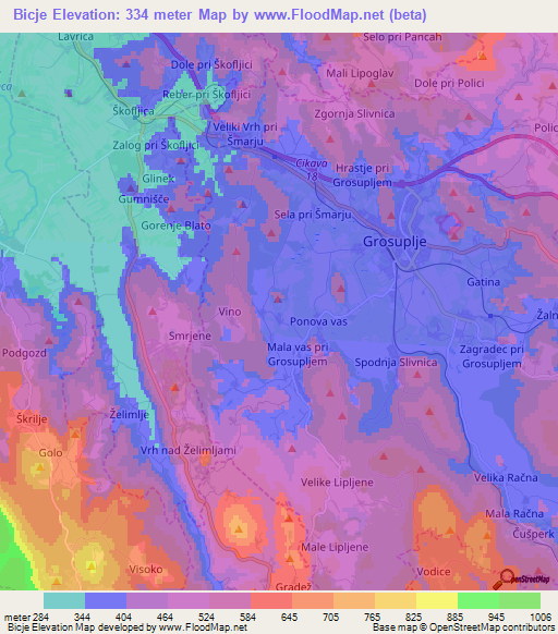 Bicje,Slovenia Elevation Map