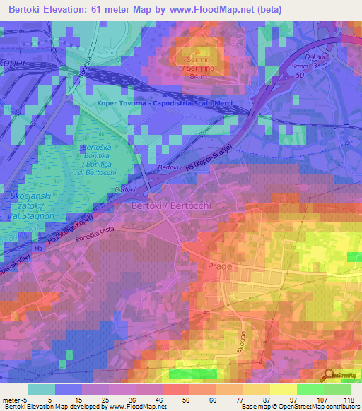 Bertoki,Slovenia Elevation Map