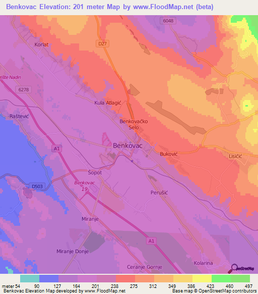 Benkovac,Croatia Elevation Map