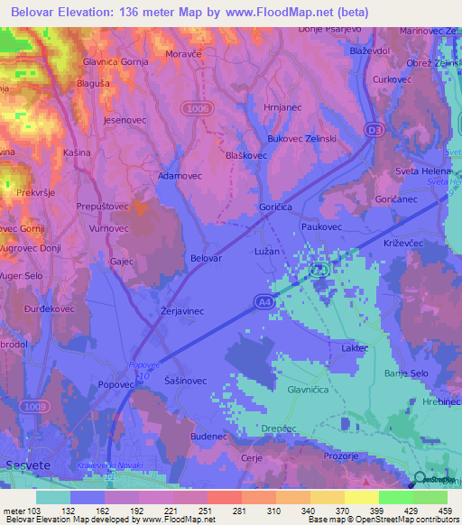 Belovar,Croatia Elevation Map