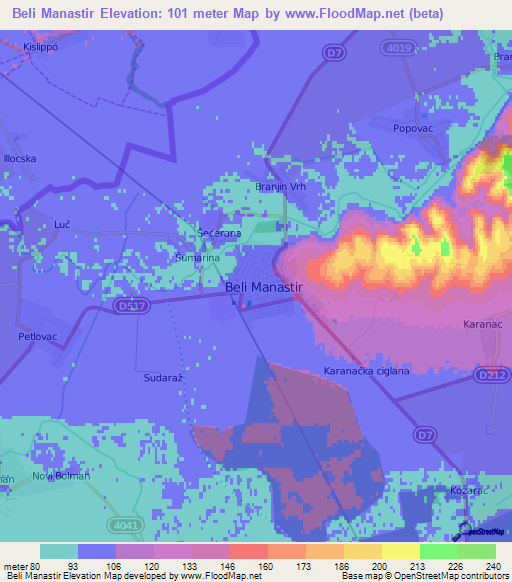 Beli Manastir,Croatia Elevation Map