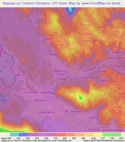 Begunje pri Cerknici,Slovenia Elevation Map