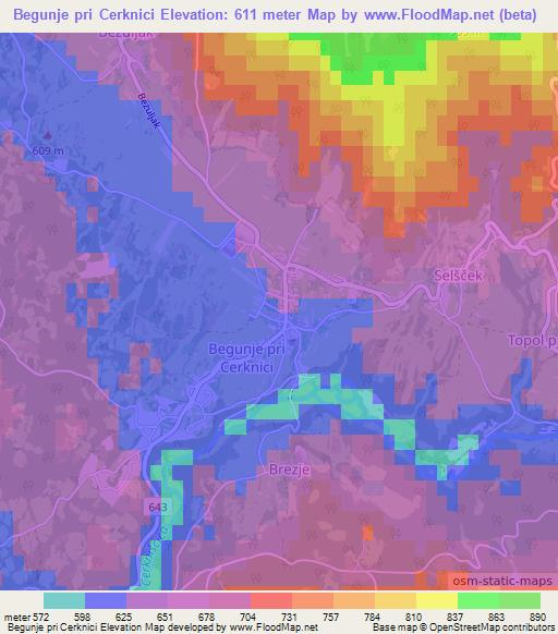 Begunje pri Cerknici,Slovenia Elevation Map