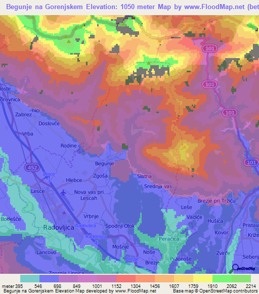 Begunje na Gorenjskem,Slovenia Elevation Map