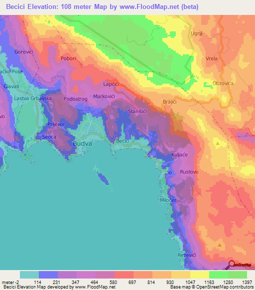 Becici,Montenegro Elevation Map