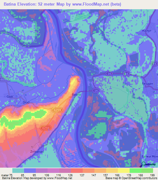 Batina,Croatia Elevation Map