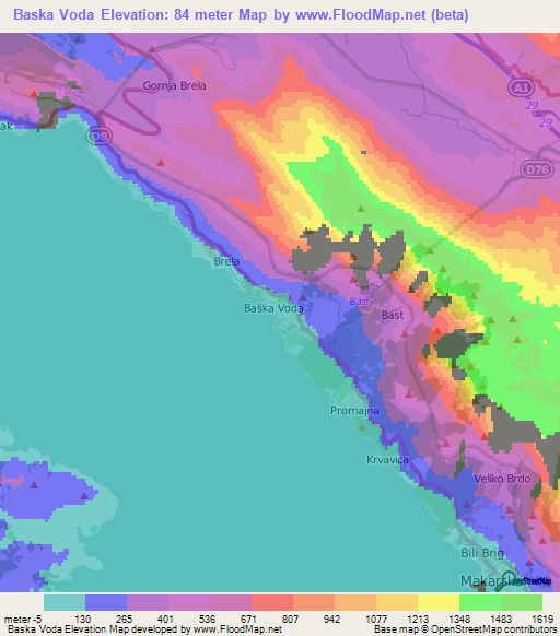 Baska Voda,Croatia Elevation Map