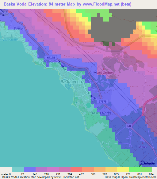 Baska Voda,Croatia Elevation Map