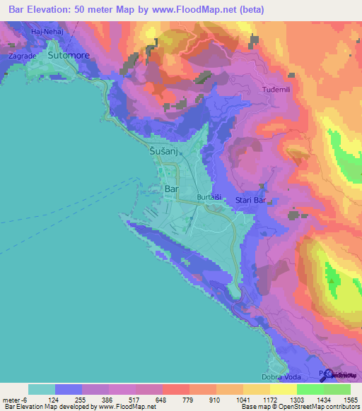 Bar,Montenegro Elevation Map