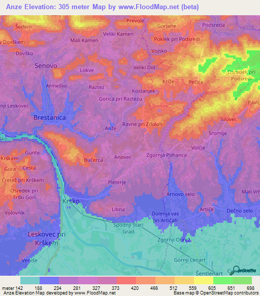 Anze,Slovenia Elevation Map