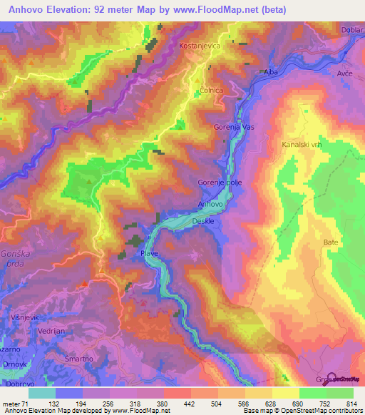 Anhovo,Slovenia Elevation Map