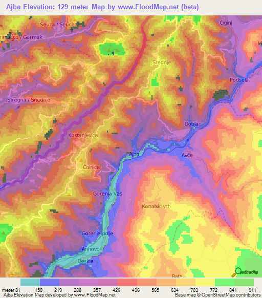 Ajba,Slovenia Elevation Map