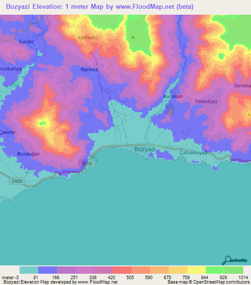 Bozyazi,Turkey Elevation Map