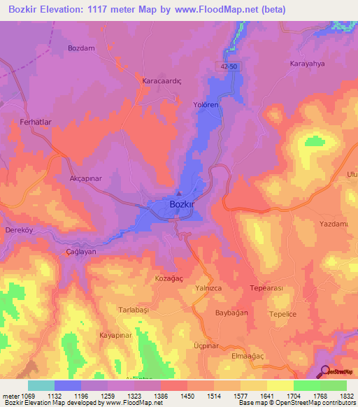 Bozkir,Turkey Elevation Map