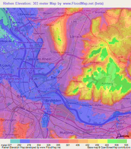 Riehen,Switzerland Elevation Map