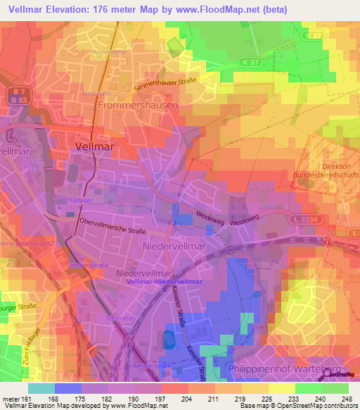 Vellmar,Germany Elevation Map