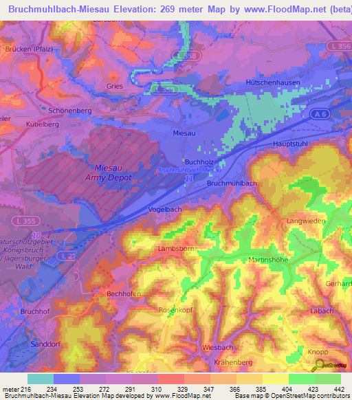 Bruchmuhlbach-Miesau,Germany Elevation Map