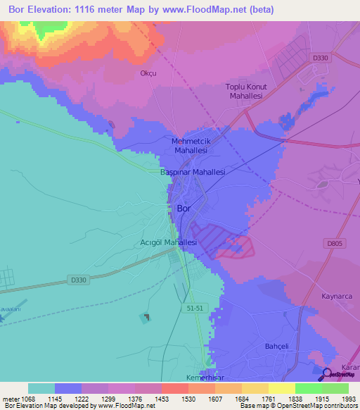 Bor,Turkey Elevation Map