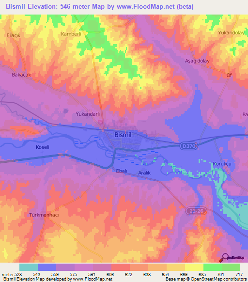 Bismil,Turkey Elevation Map