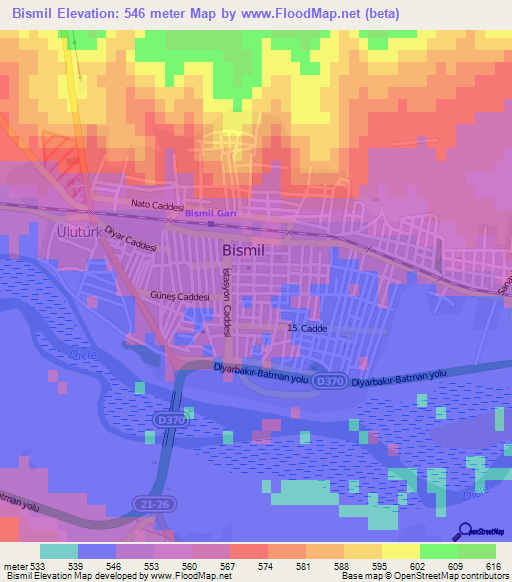 Bismil,Turkey Elevation Map