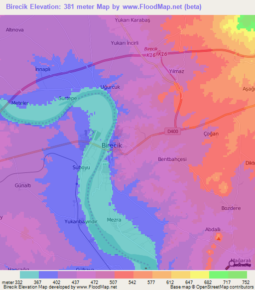 Birecik,Turkey Elevation Map