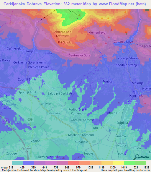 Cerkljanska Dobrava,Slovenia Elevation Map