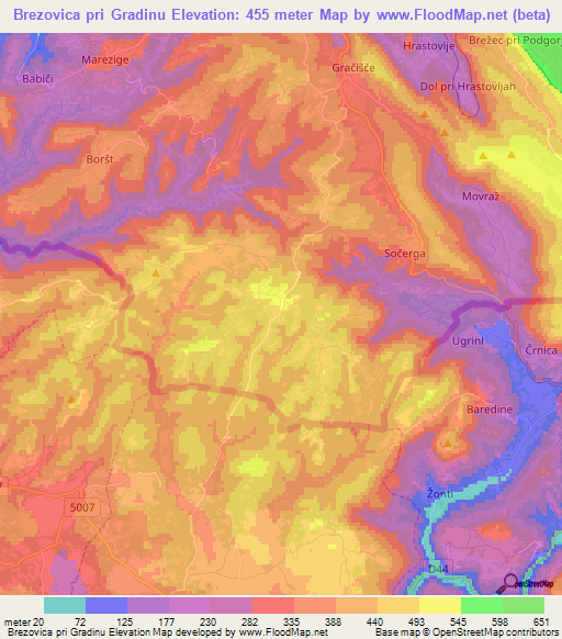 Brezovica pri Gradinu,Slovenia Elevation Map