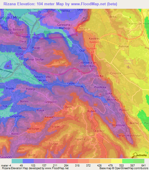 Rizana,Slovenia Elevation Map