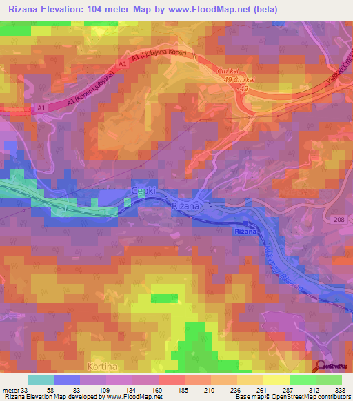 Rizana,Slovenia Elevation Map