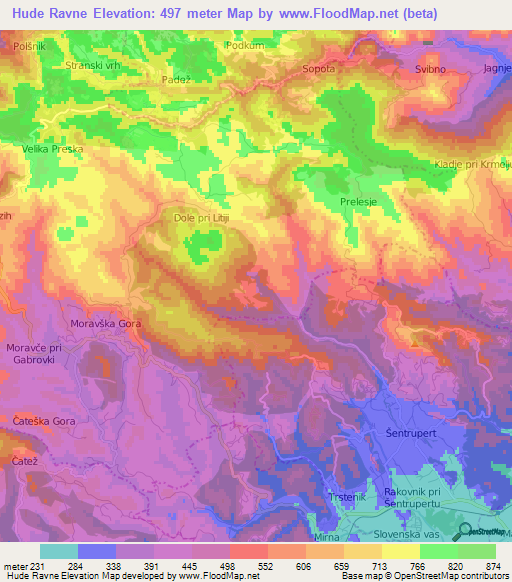 Hude Ravne,Slovenia Elevation Map