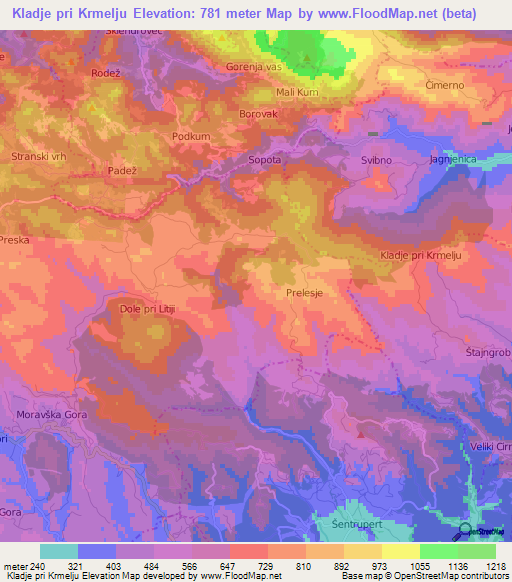 Kladje pri Krmelju,Slovenia Elevation Map