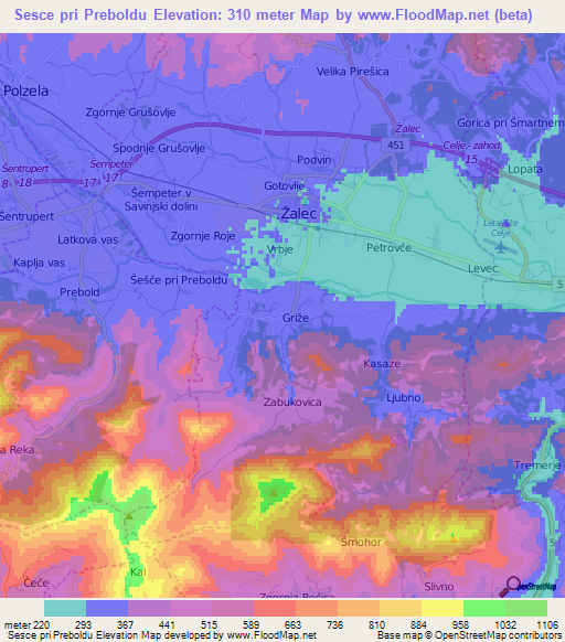 Sesce pri Preboldu,Slovenia Elevation Map