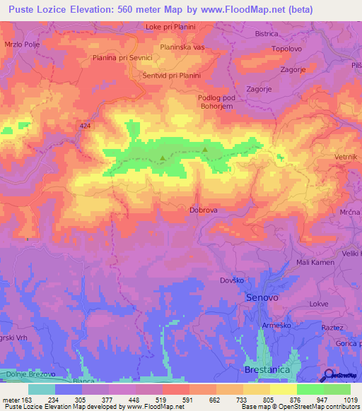 Puste Lozice,Slovenia Elevation Map