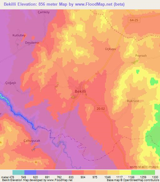 Bekilli,Turkey Elevation Map