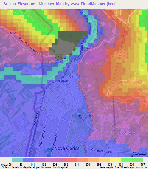 Solkan,Slovenia Elevation Map