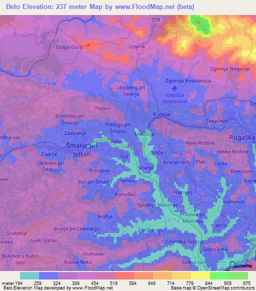 Belo,Slovenia Elevation Map