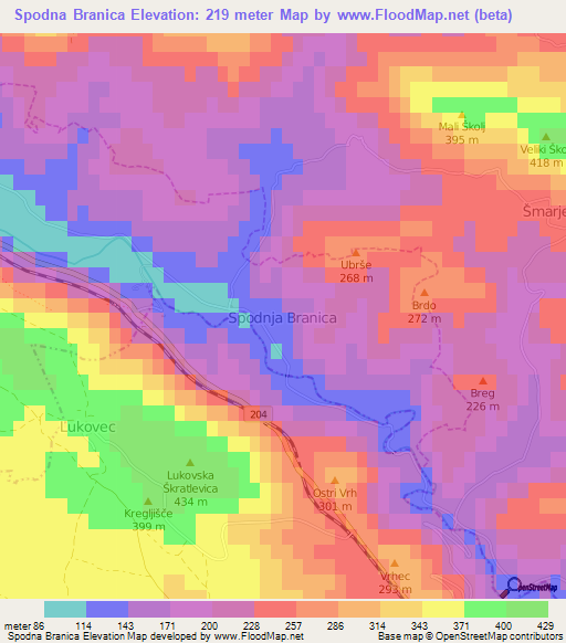 Spodna Branica,Slovenia Elevation Map