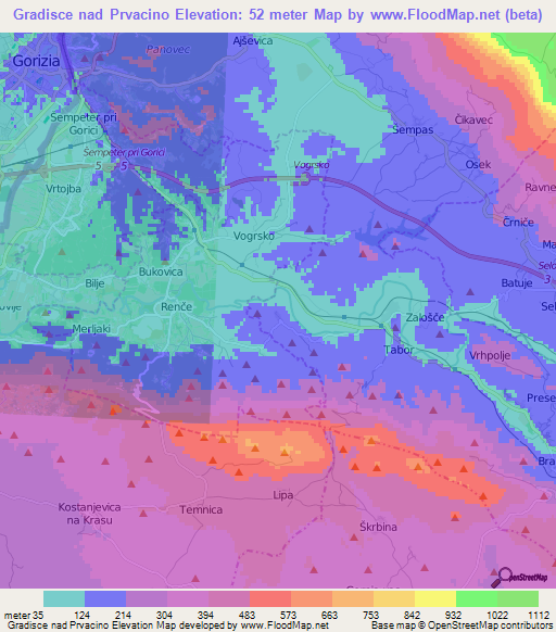 Gradisce nad Prvacino,Slovenia Elevation Map