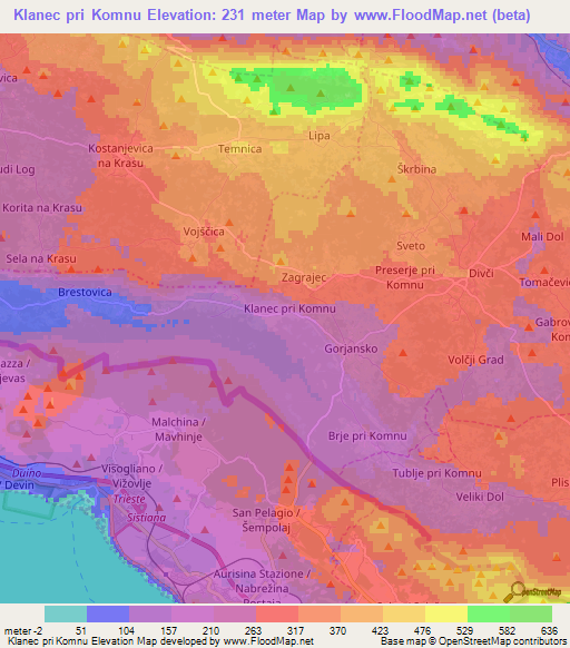 Klanec pri Komnu,Slovenia Elevation Map