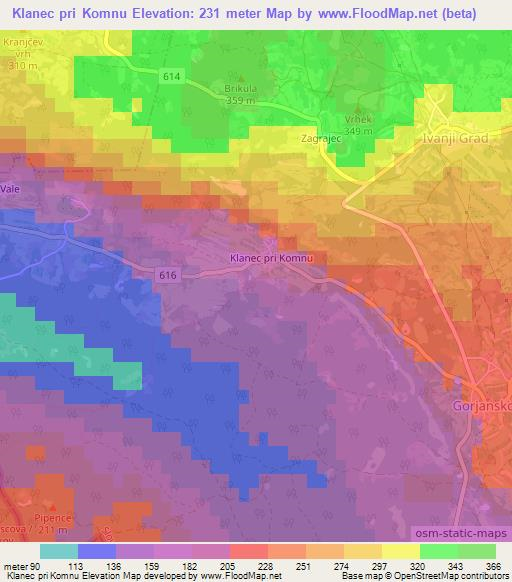 Klanec pri Komnu,Slovenia Elevation Map