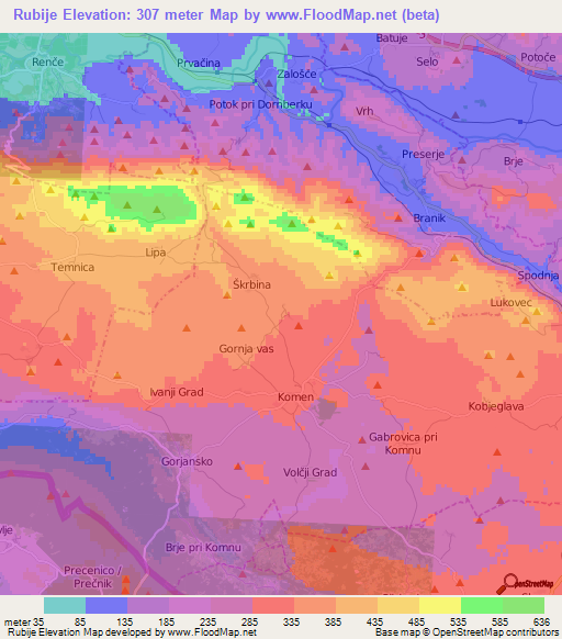 Rubije,Slovenia Elevation Map