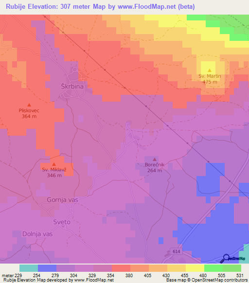 Rubije,Slovenia Elevation Map