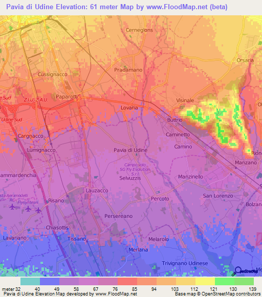 Pavia di Udine,Italy Elevation Map