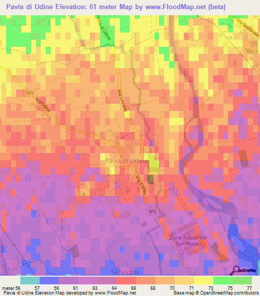 Pavia di Udine,Italy Elevation Map