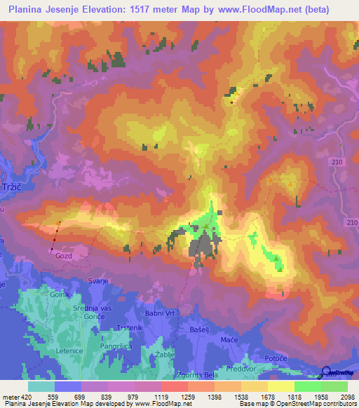 Planina Jesenje,Slovenia Elevation Map