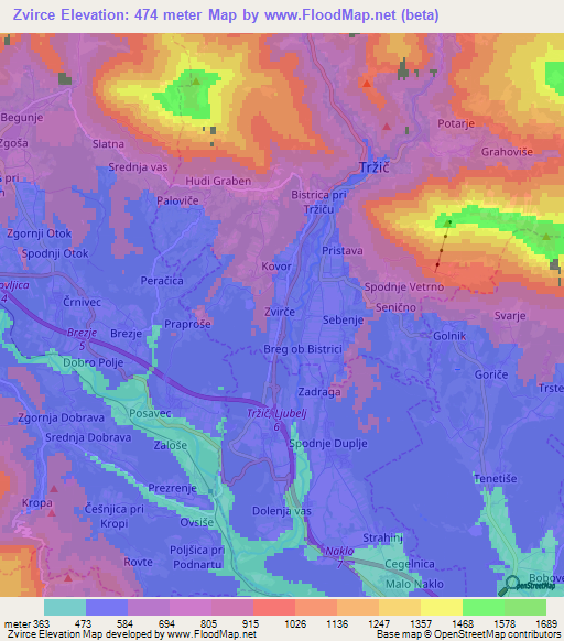 Zvirce,Slovenia Elevation Map