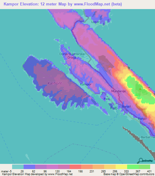 Kampor,Croatia Elevation Map