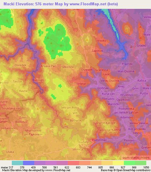 Macki,Slovenia Elevation Map