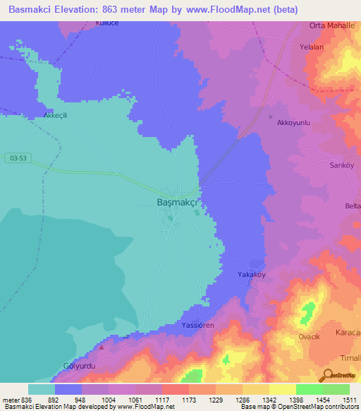 Basmakci,Turkey Elevation Map