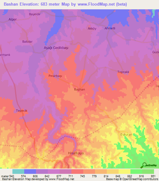 Bashan,Turkey Elevation Map